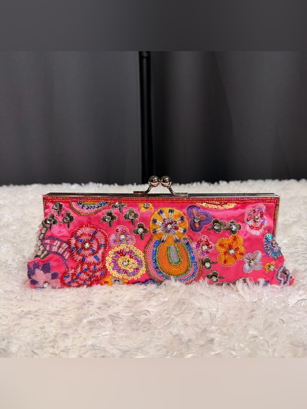 Embroidered Pink Floral Clutch Bag